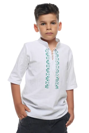 Camasa traditionala  baieti  maneca scurta cu broderie verde