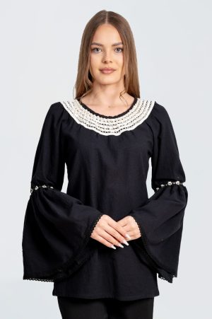 Bluza neagra din bumbac cu maneci larg evazate