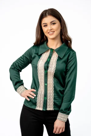 Bluza office verde cu dantela bej