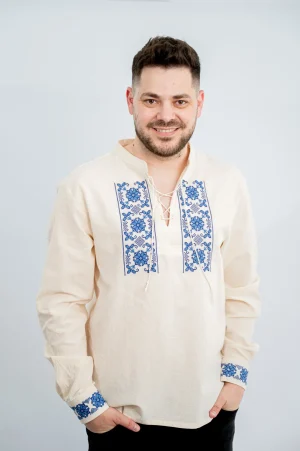 Camasa barbateasca traditionala bej cu motive albastre