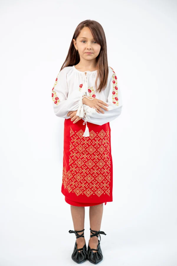 Ie traditionala fetita broderie trandafiri rosu si fir lame auriu (3)