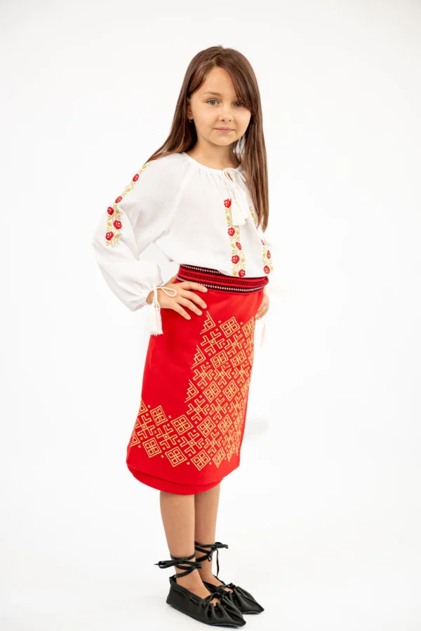 Ie traditionala fetita broderie trandafiri rosu si fir lame auriu (4)