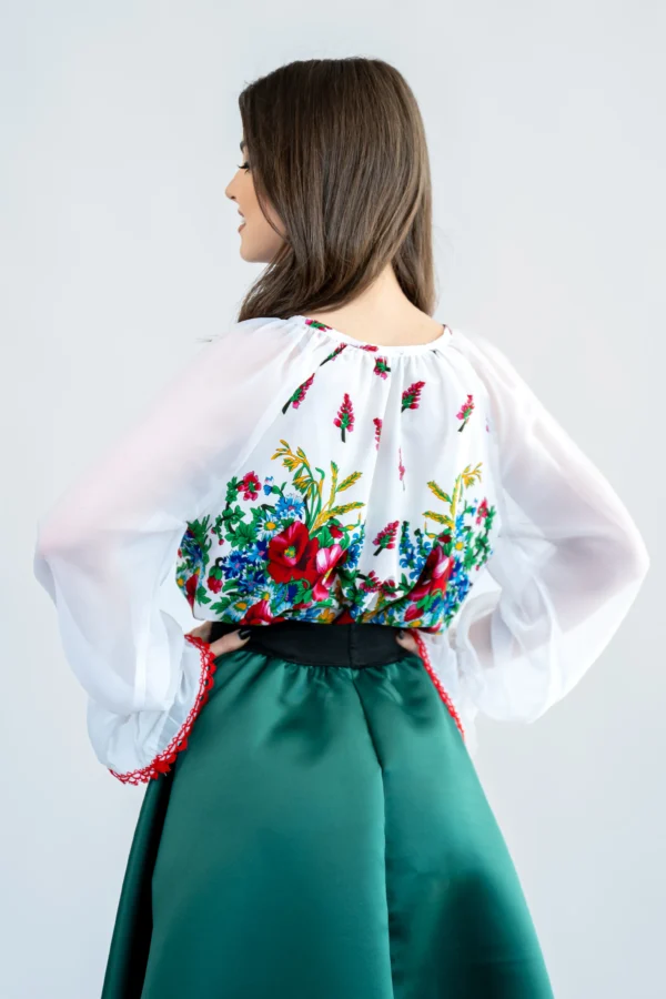 Compleu dama bluza cu motive florale si fusta lunga verde din tafta (5)