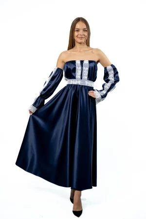 Rochie  eleganta  albastra lunga  cu detalii tradiționale