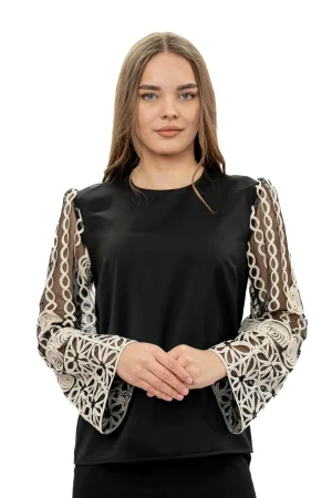 Bluza eleganta din tafta neagra cu maneci din dantela brodata