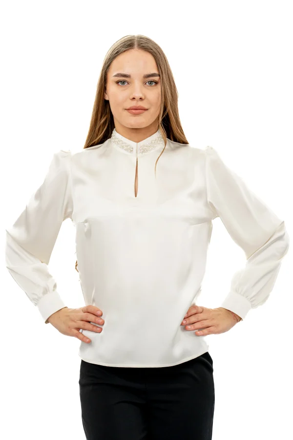 Bluza eleganta ivory cu guler tunica accesorizat – perle fine (6)