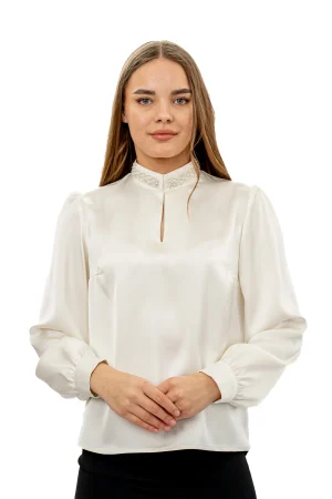 Bluza eleganta ivory cu guler tunica accesorizat - perle fine