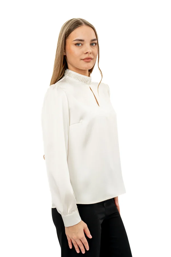 Bluza eleganta ivory cu guler tunica accesorizat – perle fine(2)