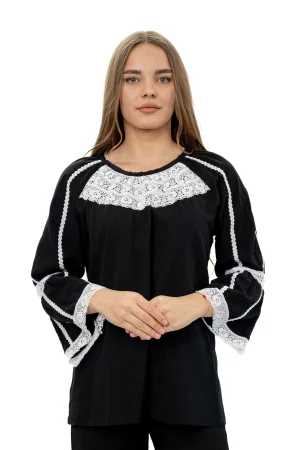 Bluza neagra cu dantela alba din bumbac