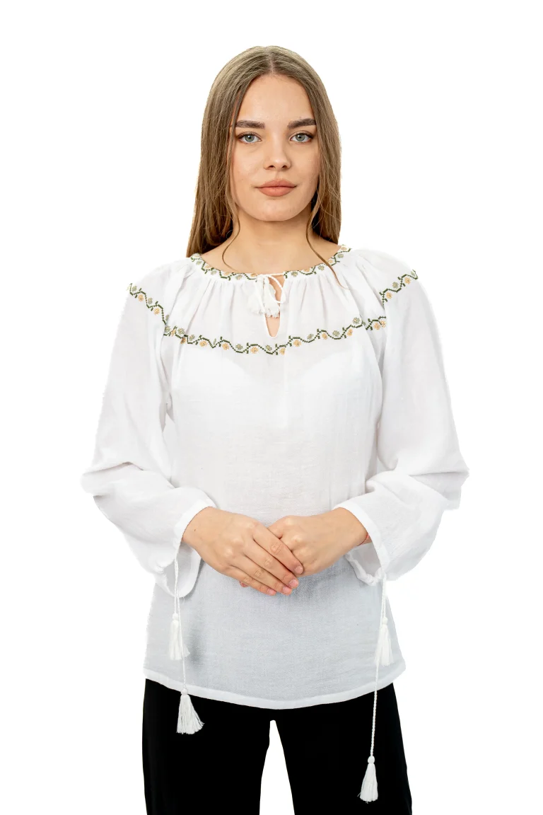 Bluza tip ie din panza topita broderie oliv- bej