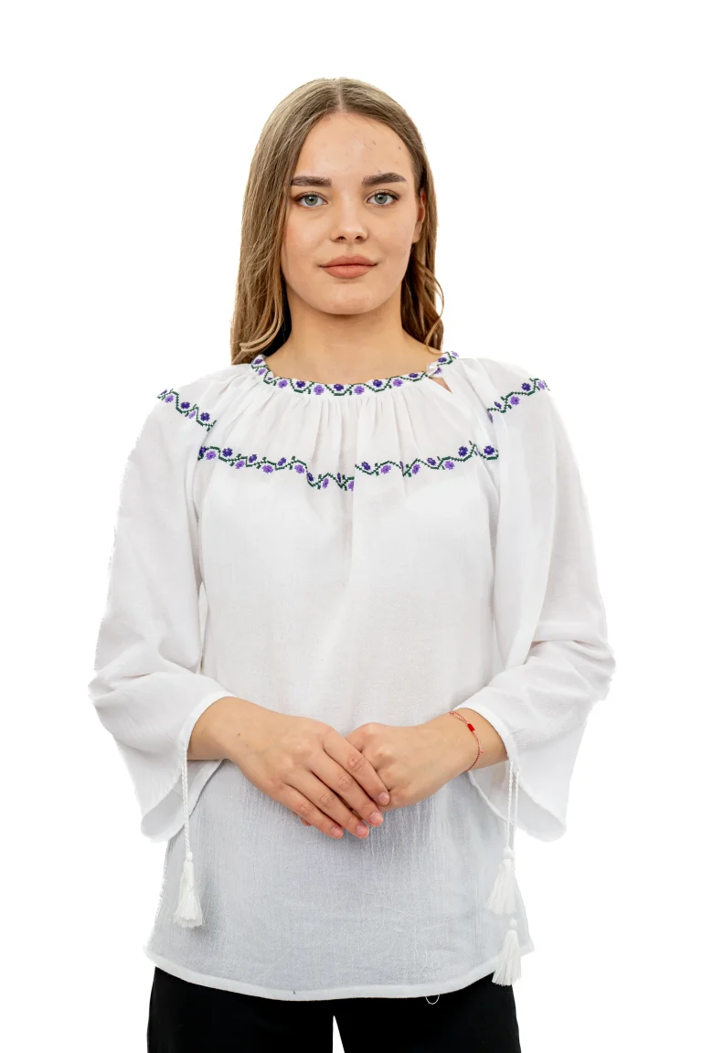 Bluza tip ie din panza topita broderie verde – mov
