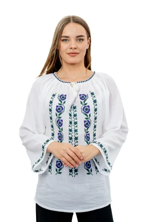 Ie traditionala dama maneca lunga cu broderie mov - verde
