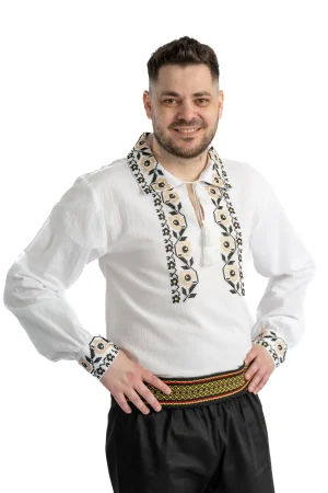 Camasa traditionala barbateasca cu broderie florala bej negru