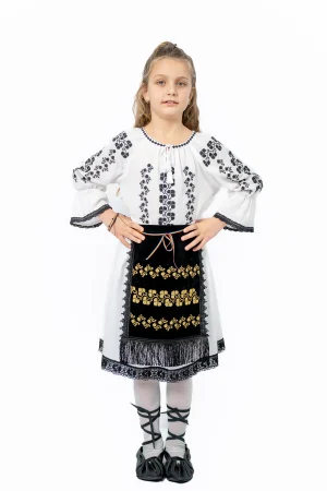 Costum traditional fetita soarte negre cu broderie aurie model trifoi